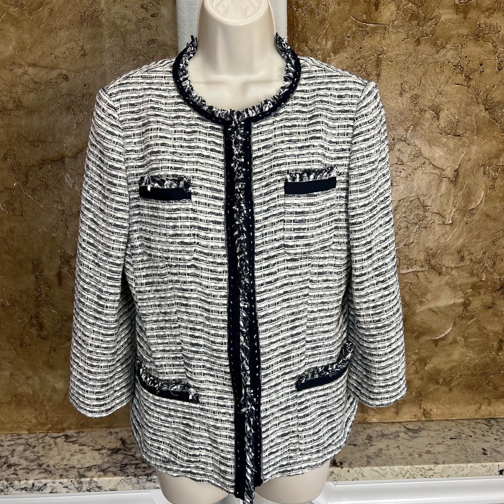 Lafayette 148 Blazer Jacket 6 Fringe Zip Front Career Navy Blue White Silver